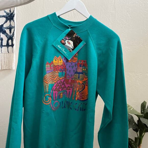 Vintage NWT 1980's Laurel Burch I Love Cats Teal Sweatshirt - Picture 4 of 9